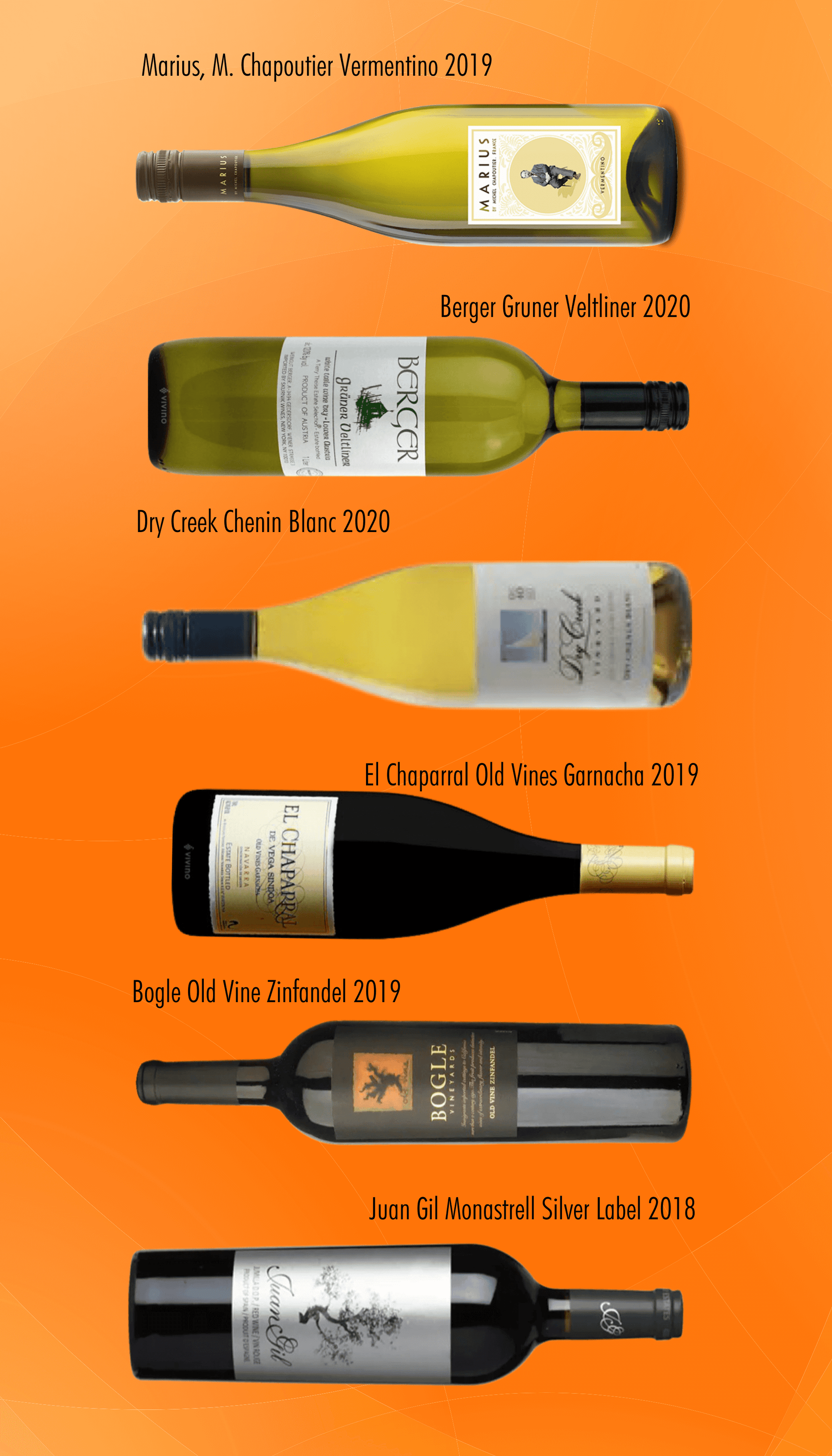 Six Wines Under $15 - January Edition showcasing diverse wine bottles including whites and reds.