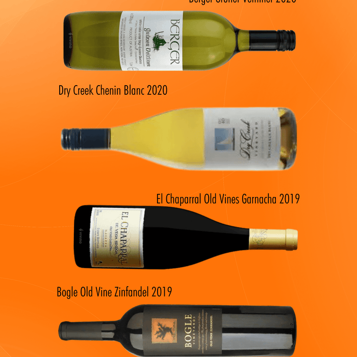 Six Wines Under $15 - January Edition showcasing diverse wine bottles including whites and reds.