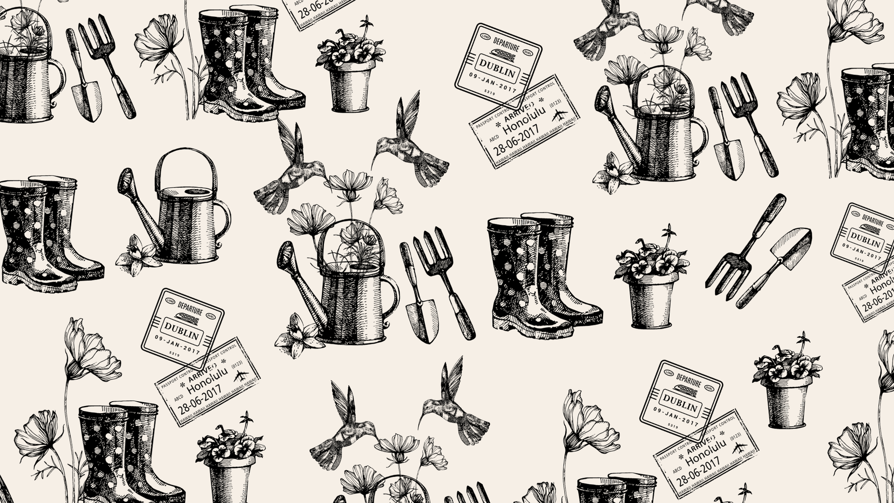 5 Questions with Maire Murphy themed gardening elements like boots, watering cans, and flowers.