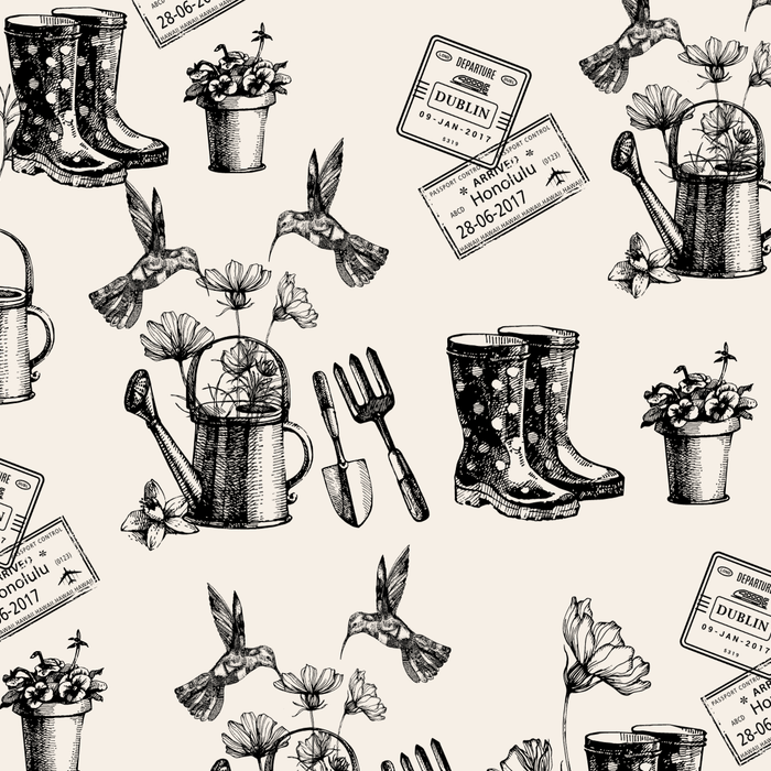 5 Questions with Maire Murphy themed gardening elements like boots, watering cans, and flowers.