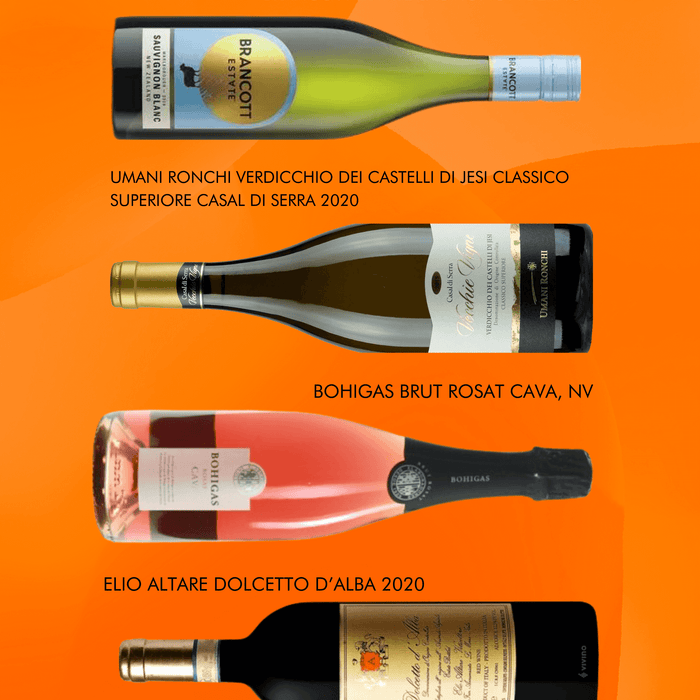 Six Wines Under $15 March Selection featuring popular choices like Segura Viudas, Brancott, and Catena.