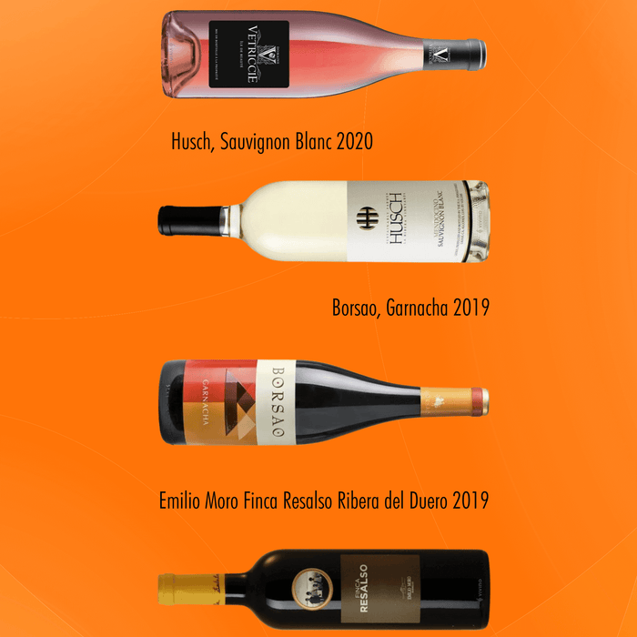 Six Wines Under $15 - March Edition showcasing different wine bottles including Inama, Husch, and Cantine.
