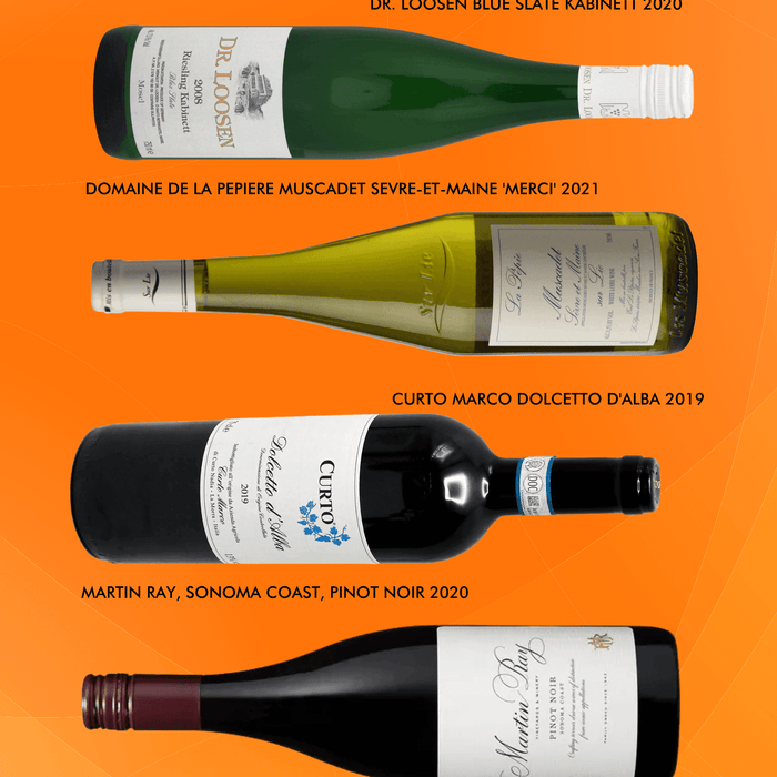 August Edition: 6 Wines Under $15 featuring six wine bottles on an orange background.