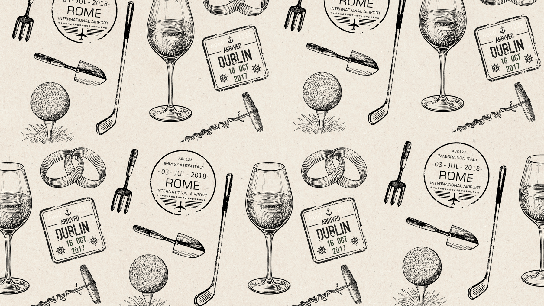 5 Questions with Walt Averill design featuring sketches of wine glasses, golf items, and travel stamps.