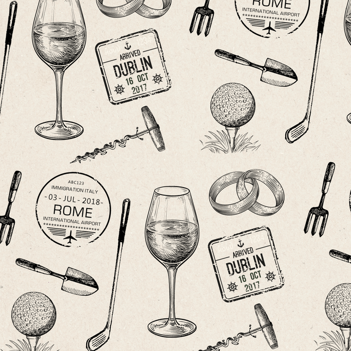 5 Questions with Walt Averill design featuring sketches of wine glasses, golf items, and travel stamps.