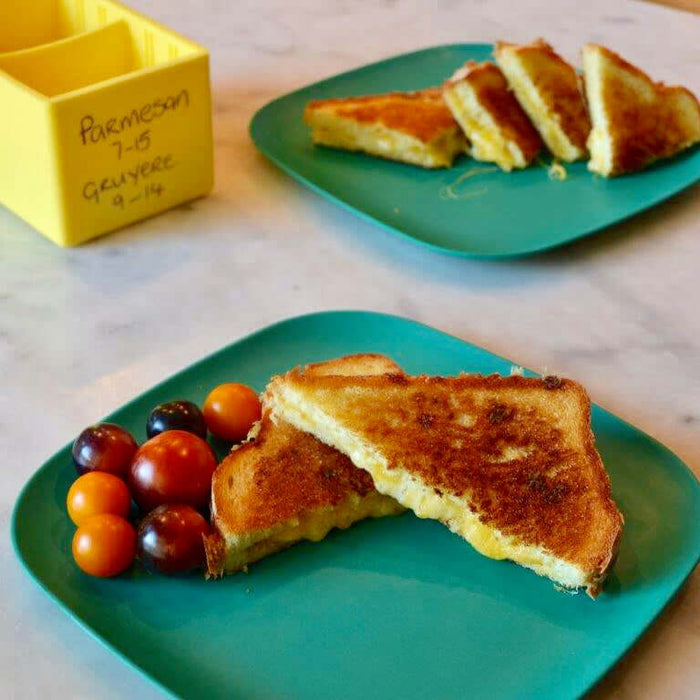 Delicious grilled cheese sandwich and tomatoes on a turquoise plate for Recipe Best Grilled Cheese EVER.
