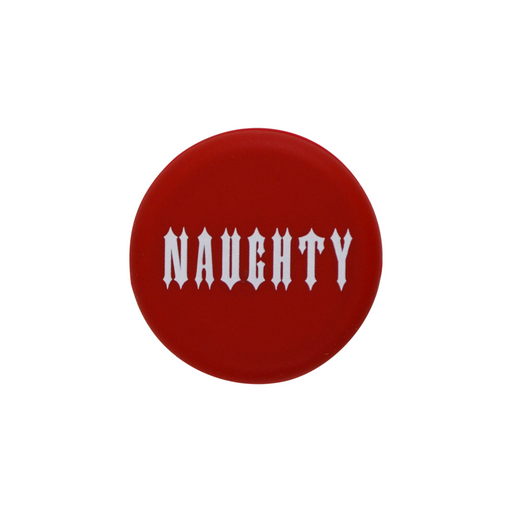 Holiday Wine Cap Designs featuring a red cap with the word 'NAUGHTY' in bold white lettering.