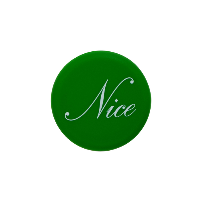 Holiday Wine Cap Designs featuring a green bottle cap with the word 'Nice' in white script.