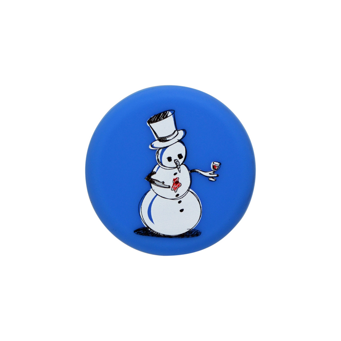 Holiday Wine Cap Designs featuring a snowman holding a wine glass on a blue background.