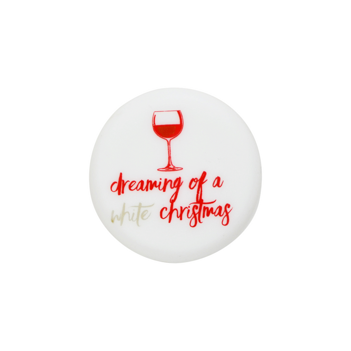 Holiday Wine Cap Designs featuring a festive design with a wine glass and text 'dreaming of a white Christmas'.