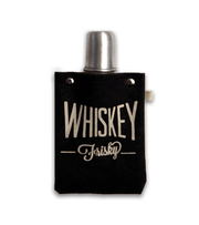 Whiskey Frisky 120ml canvas flask with black cover and stainless steel top for carrying beverages.