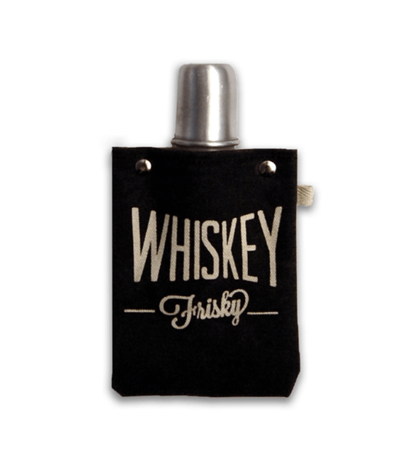 Whiskey Frisky 120ml canvas flask with black cover and stainless steel top for carrying beverages.