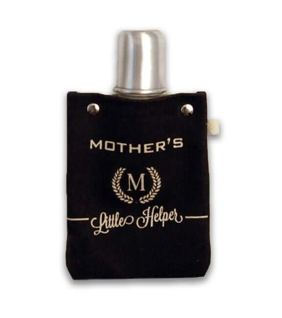 Mother's Helper 120ml canvas flask with black cover and metal top, designed for beverages and spirits.
