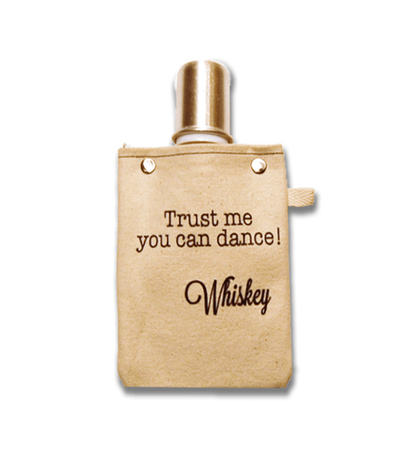 Trust Me 120ml canvas flask with a fun quote and gold cap, perfect for carrying your favorite spirits.