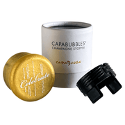 CapaBubbles Champagne Stopper Celebrate with gold finish and packaging for preserving champagne freshness