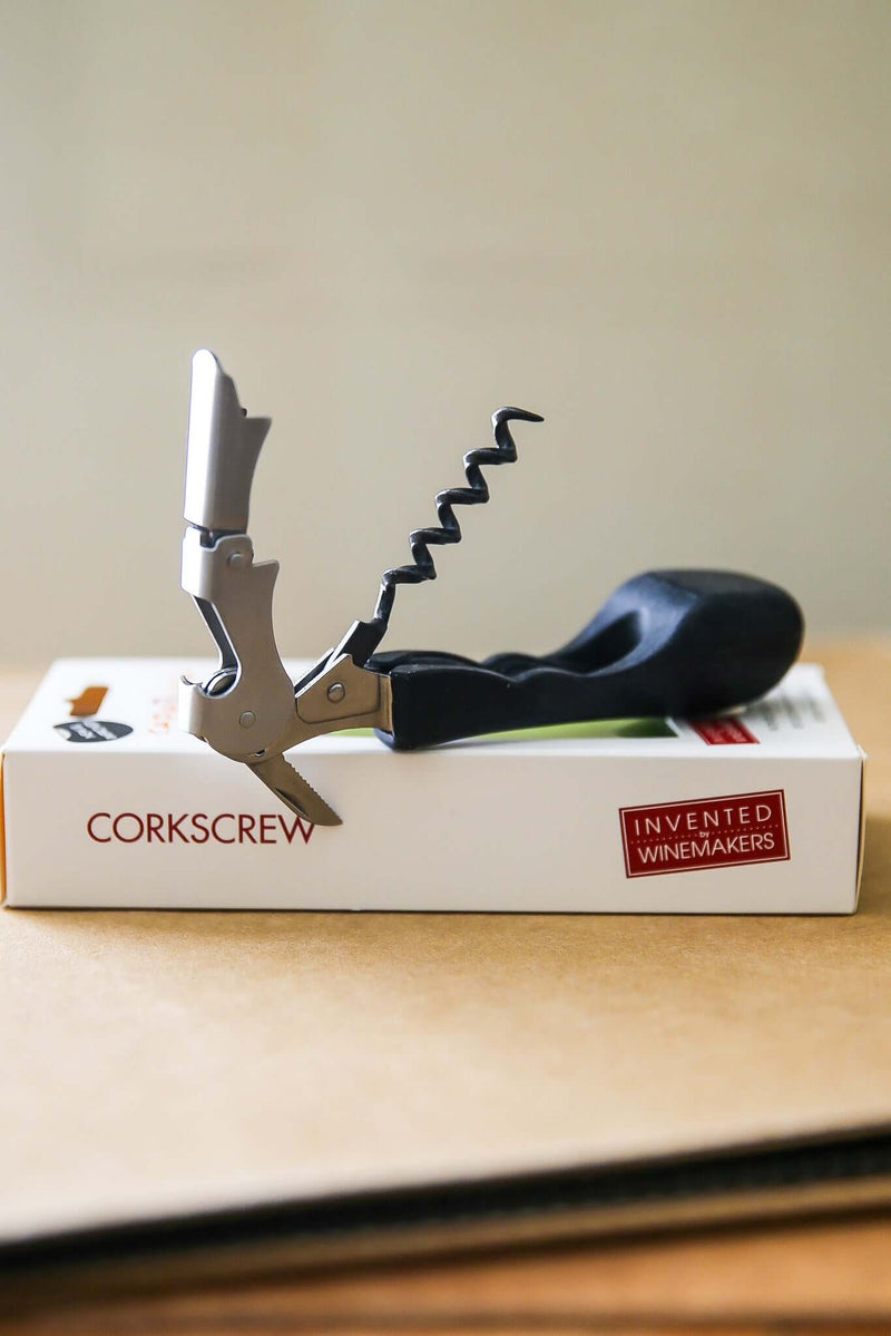 Silicone handled corkscrew by CapaBunga on display, designed for easy bottle opening without hand strain.