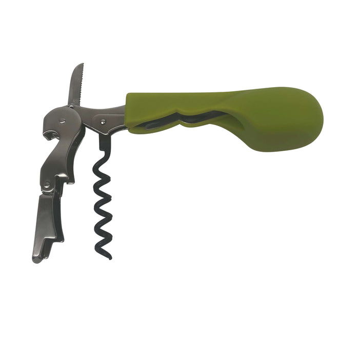 Green Ergonomic corkscrew with comfortable handle for easy wine bottle opening, reducing hand strain and cork breakage.