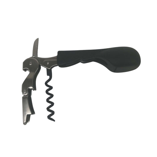 Black Ergonomic corkscrew with comfortable handle for easy wine bottle opening, reducing hand strain and cork breakage.