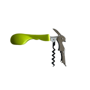 Green silicone handled corkscrew with integrated bottle opener and spiral worm for easy wine bottle opening.