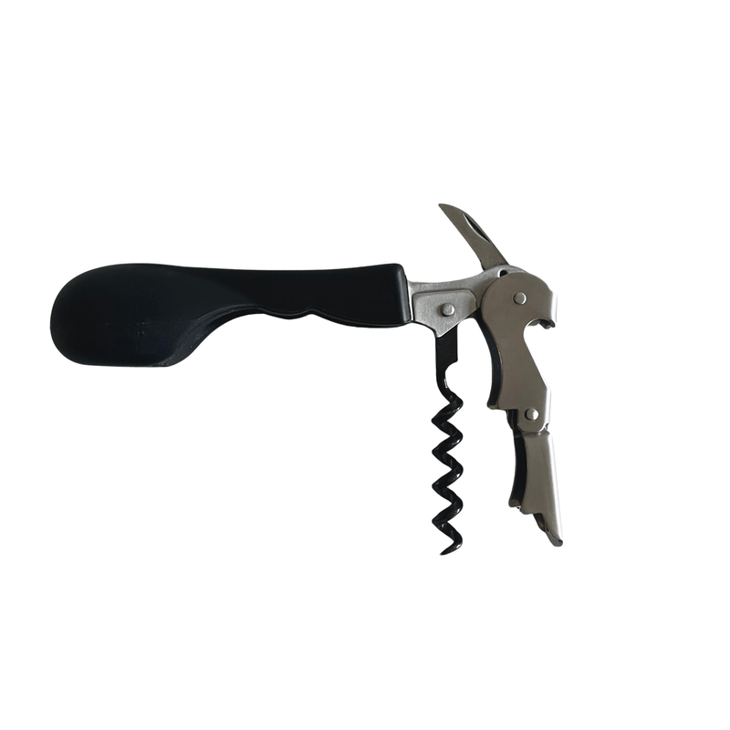 Silicone handled corkscrew with a metal lever and spiral corkscrew, designed for easy wine bottle opening.