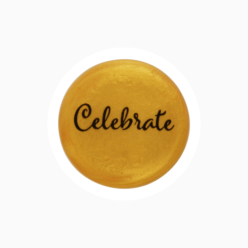 Gold silicone wine cap with the word 'Celebrate' for festive wine parties.