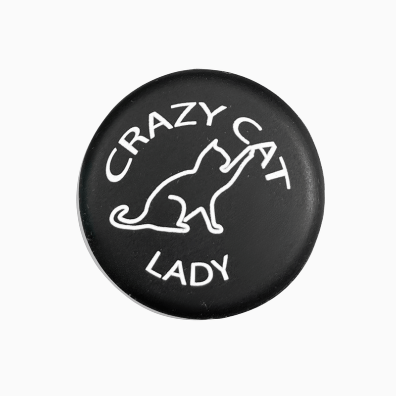 Black silicone wine cap with 'Crazy Cat Lady' design and cat silhouette.