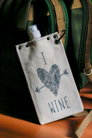 I Heart Wine 750ml canvas canteen with a rugged design, perfect for carrying your favorite beverage.