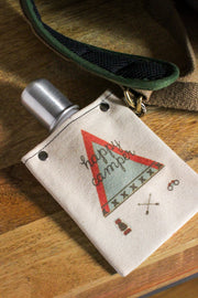 Happy Camper 120ml canvas flask with camping design, featuring a silver bottle and a rugged cotton cover.