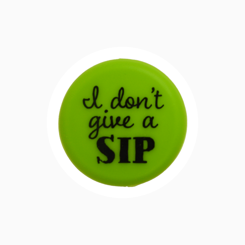 Bright green silicone wine cap featuring the phrase 'I don't give a SIP' for fun wine storage.