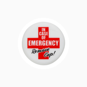 Silicone wine cap featuring a red emergency cross design with the text 'In Case of Emergency Remove Cap!'