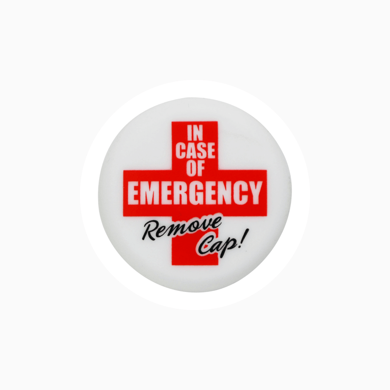 Silicone wine cap featuring a red emergency cross design with the text 'In Case of Emergency Remove Cap!'