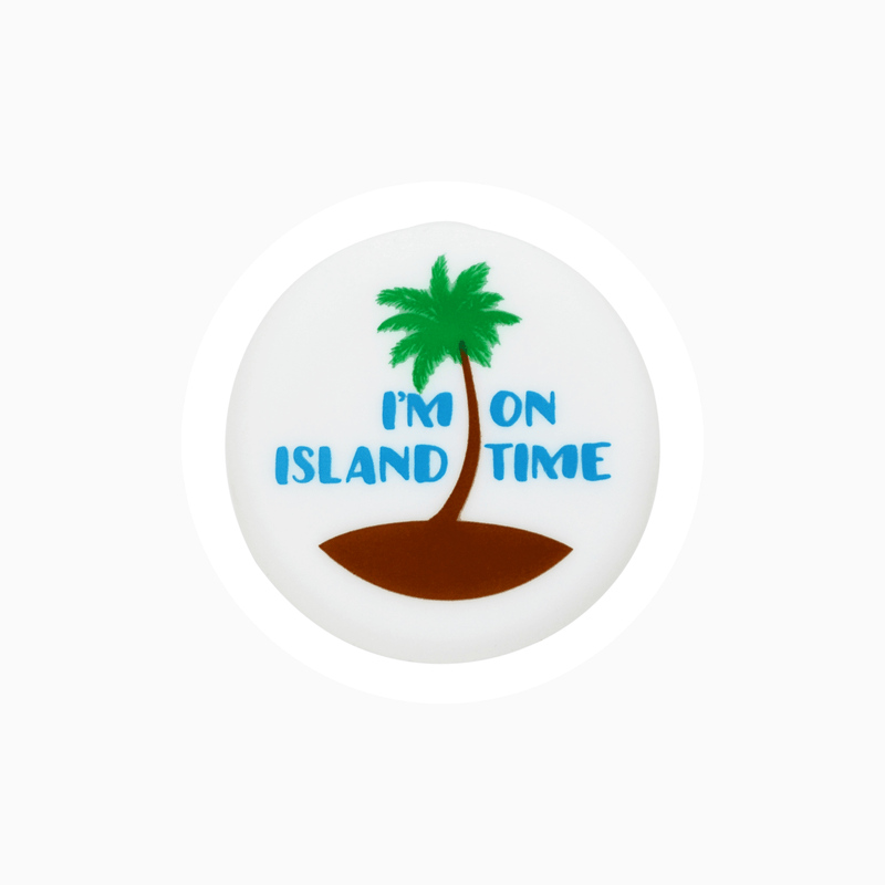 Silicone wine cap design featuring a palm tree and the text 'I'm on island time'