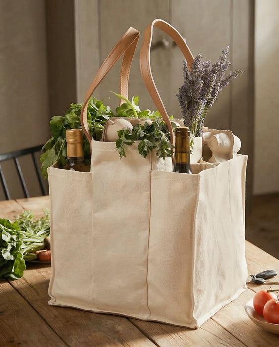 Deluxe Multi-Pocketed Canvas Market Tote with Genuine Leather filled with wine and herbs on a kitchen table.