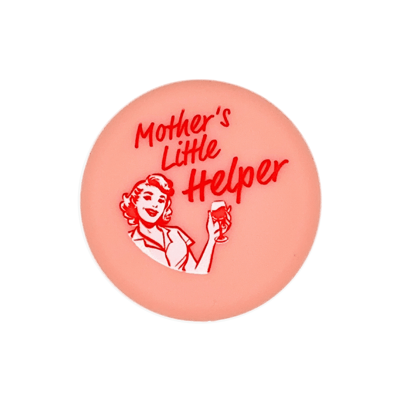 Silicone wine cap featuring the design 'Mother's Little Helper' with a vintage illustration