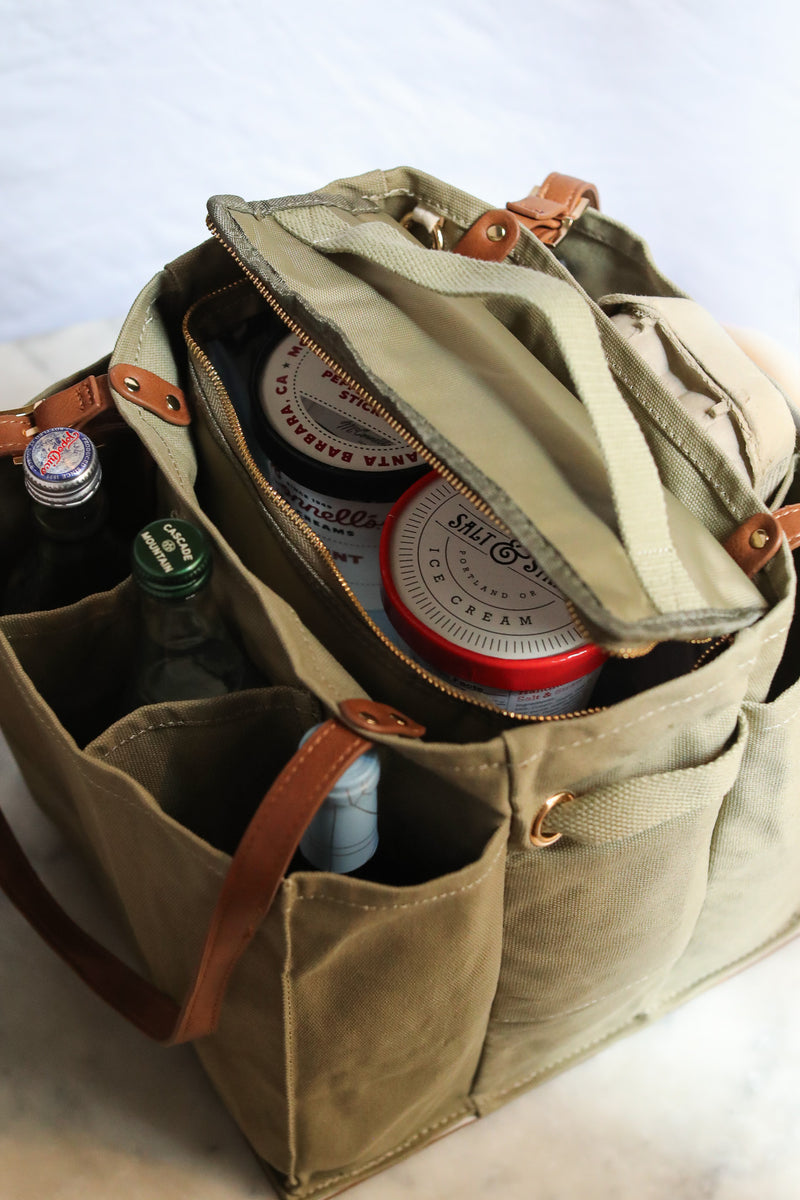 Caper Green Market Tote with adjustable handles and Insulated Insert