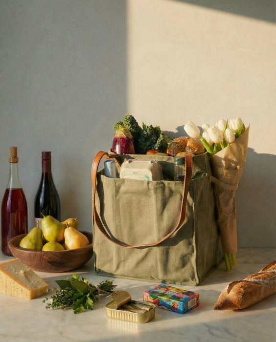 Caper Green Market Tote with adjustable handles and Insulated Insert