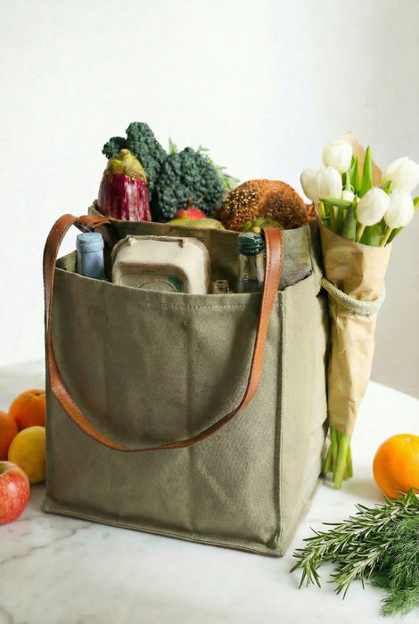 Caper Green Market Tote with adjustable handles and Insulated Insert
