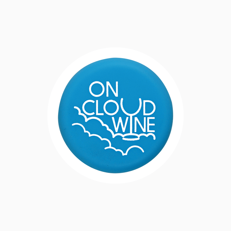 Blue silicone wine cap with 'On Cloud Wine' design, perfect for sealing wine bottles.