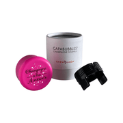 Pink Champagne Stopper with 'Champagne is the Answer' slogan and branded container for preserving sparkling wine.