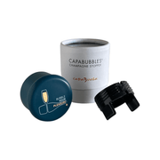 CapaBubbles Champagne Stopper set, featuring a stylish stopper and container, promoting everyday enjoyment of sparkling wine.