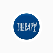 Blue silicone wine cap with the word 'THERAPY' and a wine glass graphic.