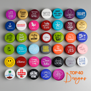 Collage of Top 40 Silicone Wine Cap Designs featuring colorful and quirky phrases.