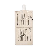 Half Full 750ml canvas canteen with playful graphics and secure cap for wine or beverage storage.