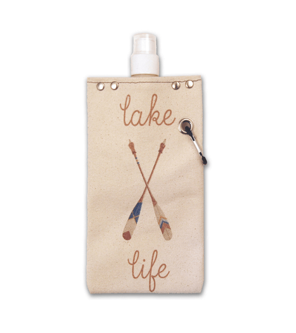 Paddle Lake 750ml canvas canteen with graphic design featuring crossed paddles and 'lake life' text.