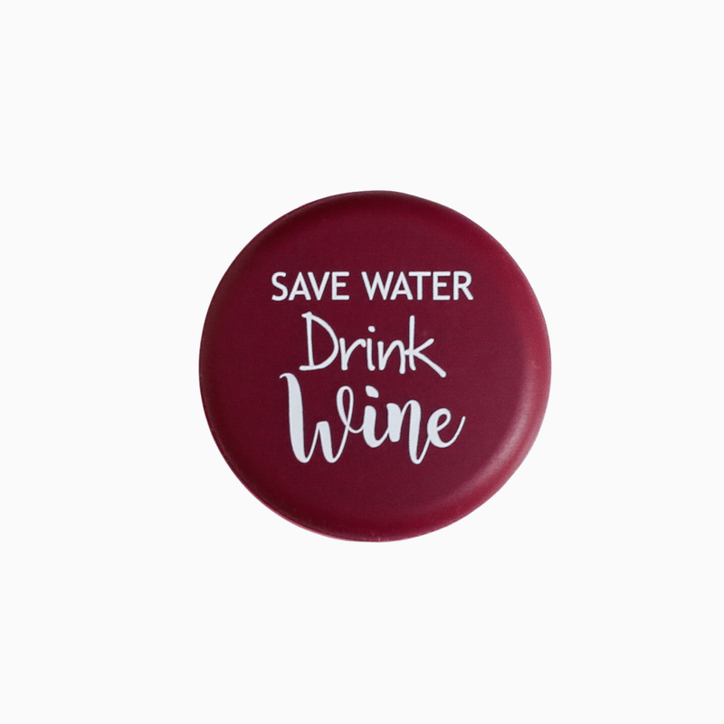 Save Water, Drink Wine silicone wine cap with a burgundy background and white text design.