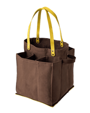Brown shopping tote with yellow handles and multiple pockets for easy organization of groceries.