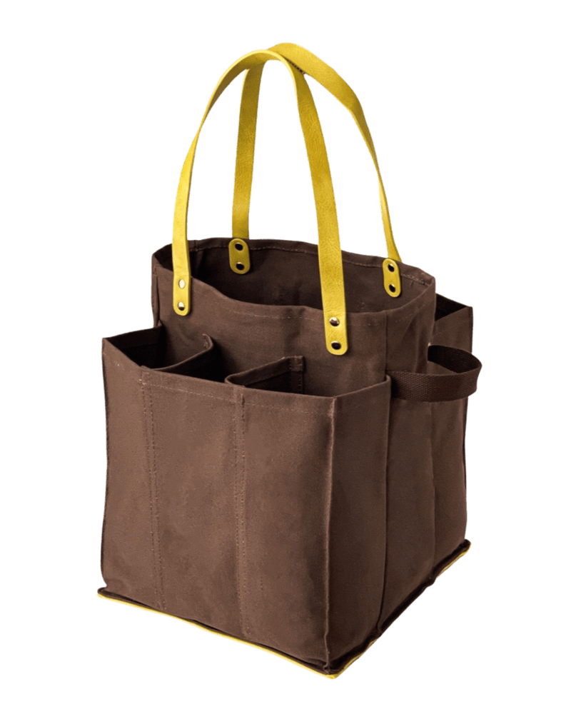 Brown shopping tote with yellow handles and multiple pockets for easy organization of groceries.