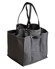 Grey multi-pocketed market tote bag designed for efficient shopping and organization.