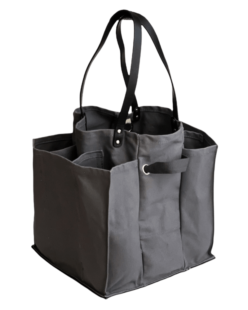 Grey multi-pocketed market tote bag designed for efficient shopping and organization.